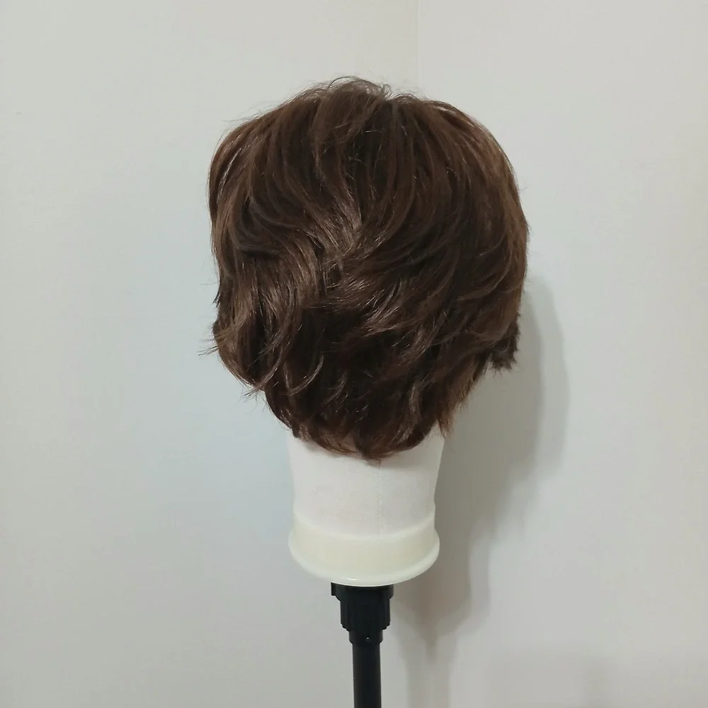 Brown Pixie Cut Wig Wavy Human Synthetic Blend Heat Friendly NEW